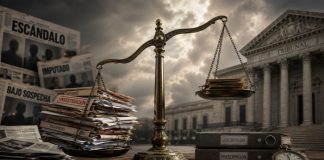Neutralidad judicial: una justicia que falla al mismo lado Balanza de la justicia inclinada ante un tribunal, rodeada de expedientes, titulares acusatorios, archivos cerrados y un reloj que simboliza las demoras judiciales.