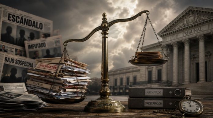 Neutralidad judicial: una justicia que falla al mismo lado Balanza de la justicia inclinada ante un tribunal, rodeada de expedientes, titulares acusatorios, archivos cerrados y un reloj que simboliza las demoras judiciales.