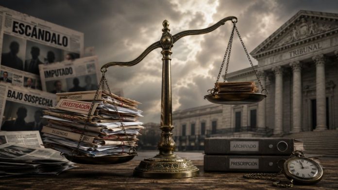 Ley 1 Balanza de la justicia inclinada ante un tribunal, rodeada de expedientes, titulares acusatorios, archivos cerrados y un reloj que simboliza las demoras judiciales.