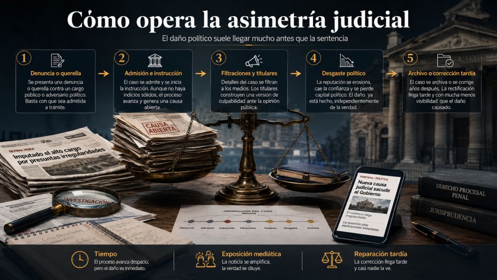 Secuencia visual que muestra cómo una denuncia pasa por la instrucción, las filtraciones y el desgaste político antes de un posible archivo o corrección tardía.
