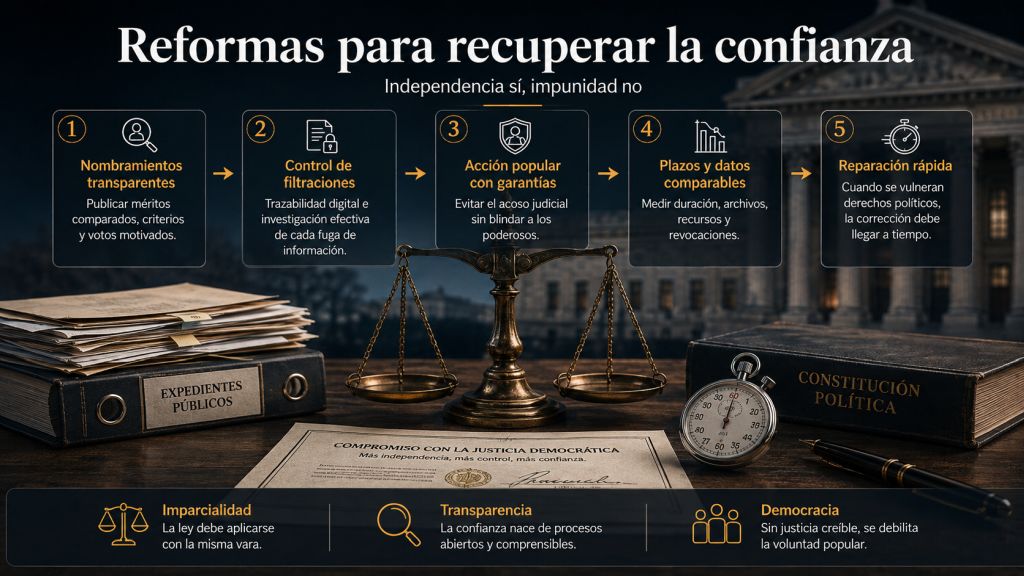 Balanza judicial equilibrada junto a cinco propuestas de reforma: nombramientos transparentes, control de filtraciones, garantías, datos comparables y reparación rápida.