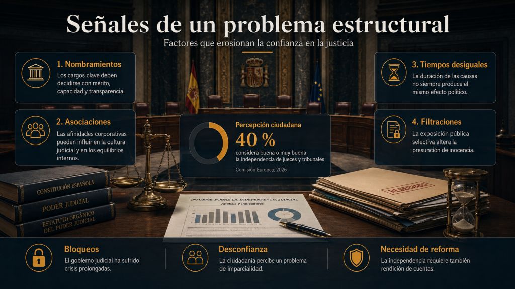 Sala judicial con expedientes y relojes que resume los nombramientos, asociaciones, tiempos desiguales y filtraciones que erosionan la confianza en la justicia.