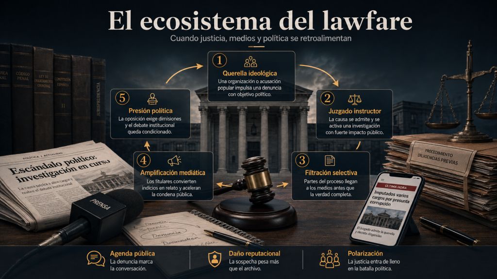 Esquema circular que relaciona querellas ideológicas, instrucción judicial, filtraciones, amplificación mediática y presión política en la construcción del lawfare.