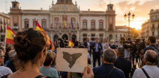 Apoyo a Ceuta: ¿solidaridad o utilización política? Ciudadanos concentrados ante un ayuntamiento con banderas españolas mientras una mujer sostiene una silueta de Ceuta y los medios cubren el acto.