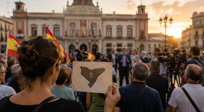 Apoyo a Ceuta: ¿solidaridad o utilización política? Ciudadanos concentrados ante un ayuntamiento con banderas españolas mientras una mujer sostiene una silueta de Ceuta y los medios cubren el acto.