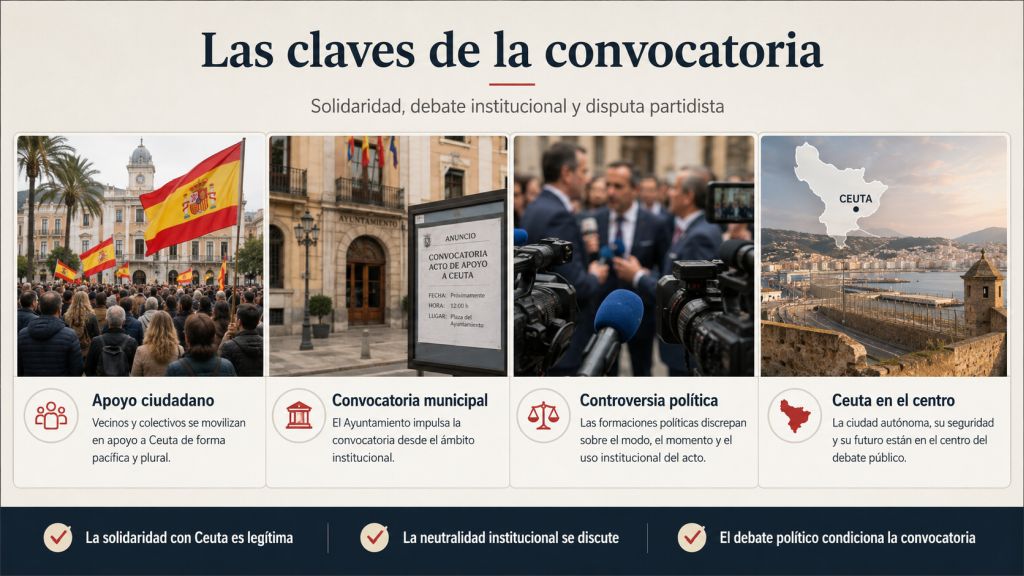 Las claves de la convocatoria: Concentraciones de apoyo a Ceuta ante ayuntamientos, con presencia institucional, cobertura mediática y debate político sobre el sentido de la convocatoria.