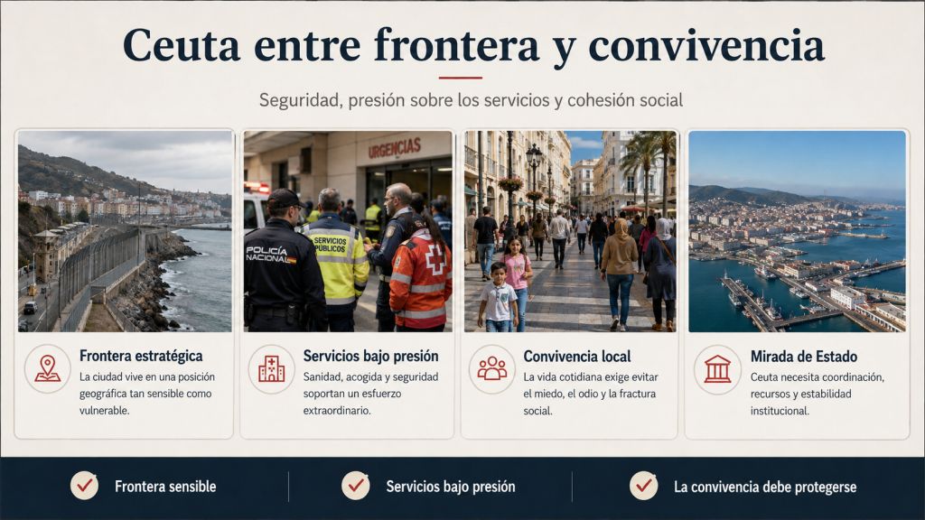 Ceuta entre frontera y convivencia: Imágenes de la frontera, los servicios públicos, la vida cotidiana y la ciudad de Ceuta para representar seguridad, presión asistencial y cohesión social.