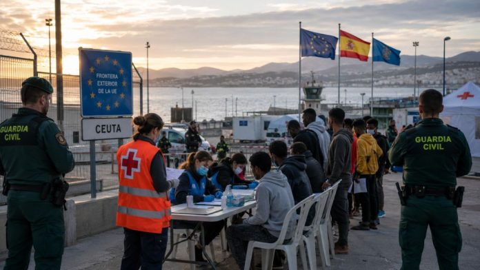 Migración 1 Frontera de Ceuta con agentes de la Guardia Civil y personal humanitario atendiendo e identificando a personas migrantes junto al puerto.