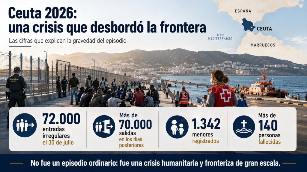Ceuta 2026: una crisis que desbordó la frontera: Vista de Ceuta con atención humanitaria y control fronterizo, acompañada de las principales cifras de entradas, salidas, menores registrados y personas fallecidas.