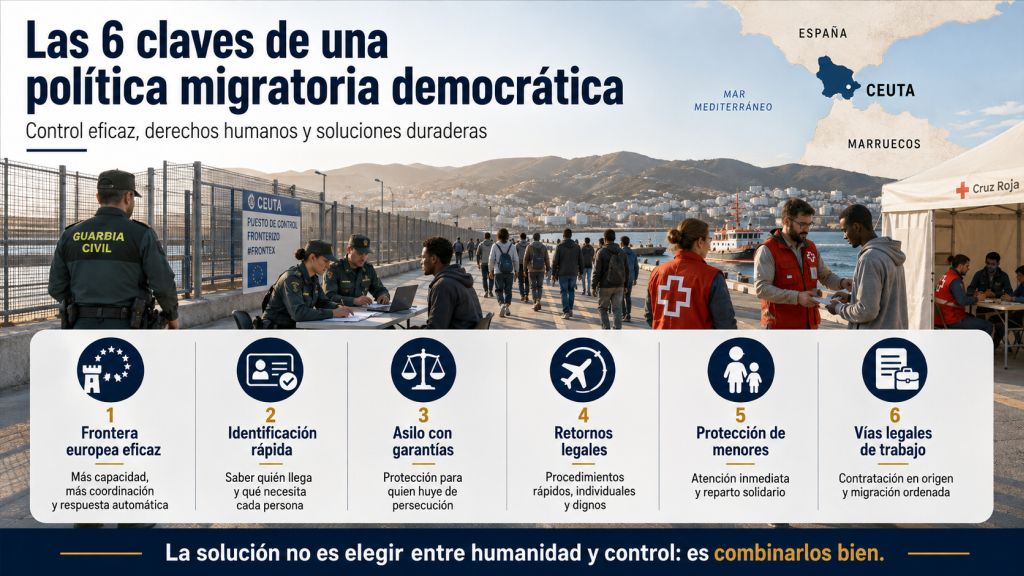 Las 6 claves de una política migratoria democrática: Puesto fronterizo de Ceuta con agentes y personal humanitario, junto a seis medidas para combinar control, asilo, protección de menores, retornos y vías legales.