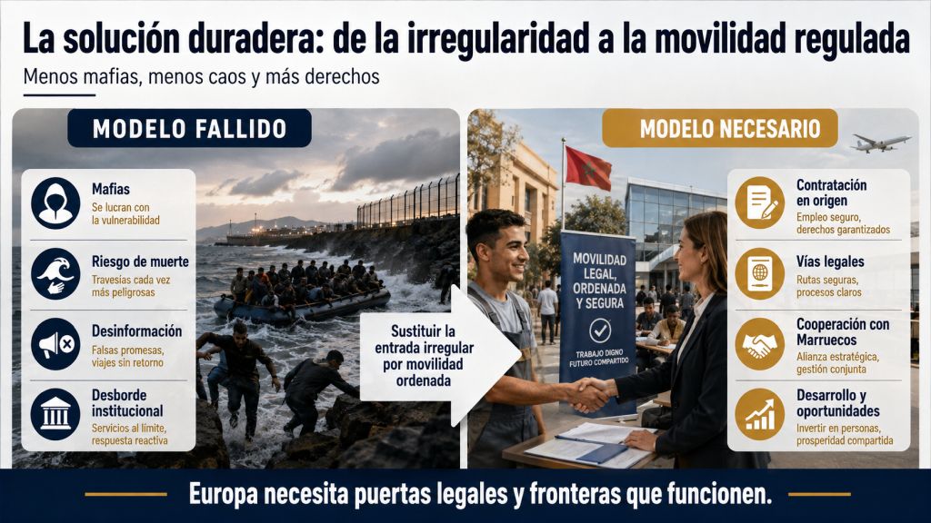De la irregularidad a la movilidad regulada: Comparación entre la inmigración irregular, asociada a mafias y riesgos, y un modelo de movilidad legal basado en contratación en origen, cooperación y desarrollo.
