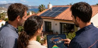 Cuántas placas solares necesito: cómo dimensionarlas bien Propietarios analizando con un técnico la ubicación y el número de paneles solares adecuados para una vivienda antes de dimensionar la instalación.