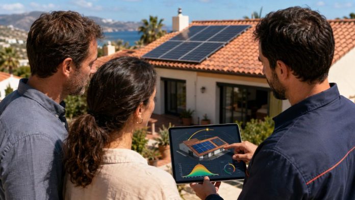 Mismo 1 Propietarios analizando con un técnico la ubicación y el número de paneles solares adecuados para una vivienda antes de dimensionar la instalación.