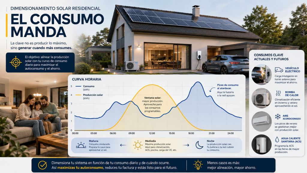 Infografía sobre dimensionamiento solar residencial que relaciona la curva de consumo de la vivienda con la producción fotovoltaica y los consumos presentes y futuros.