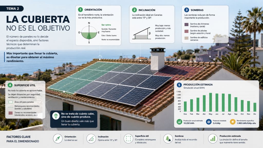 Infografía que muestra cómo orientación, inclinación, sombras y superficie útil de la cubierta condicionan el número de paneles solares y la producción estimada.