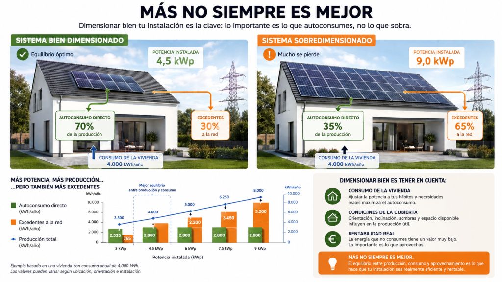 Infografía que compara una instalación fotovoltaica bien dimensionada con otra sobredimensionada, mostrando diferencias entre autoconsumo directo, producción y excedentes.