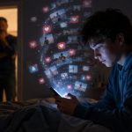 El diseño adictivo de las redes y nuestros hijos Adolescente absorto en su teléfono móvil durante la noche mientras sus padres observan con preocupación desde la puerta de la habitación.