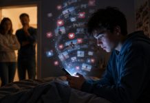 El diseño adictivo de las redes y nuestros hijos Adolescente absorto en su teléfono móvil durante la noche mientras sus padres observan con preocupación desde la puerta de la habitación.