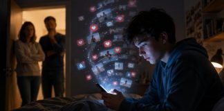 El diseño adictivo de las redes y nuestros hijos Adolescente absorto en su teléfono móvil durante la noche mientras sus padres observan con preocupación desde la puerta de la habitación.