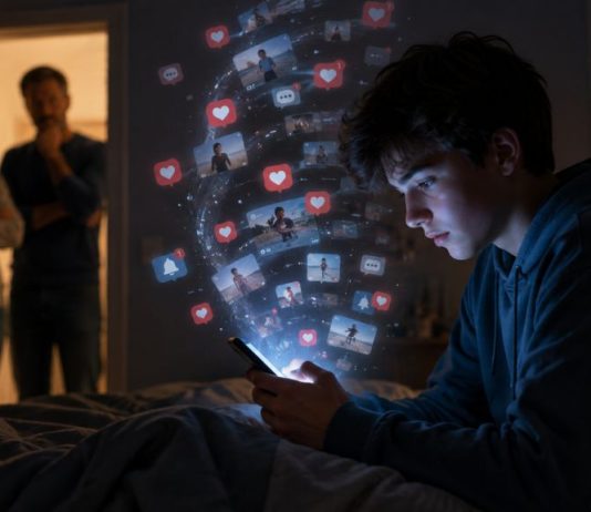 El diseño adictivo de las redes y nuestros hijos Adolescente absorto en su teléfono móvil durante la noche mientras sus padres observan con preocupación desde la puerta de la habitación.