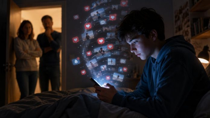 Adolescente absorto en su teléfono móvil durante la noche mientras sus padres observan con preocupación desde la puerta de la habitación.