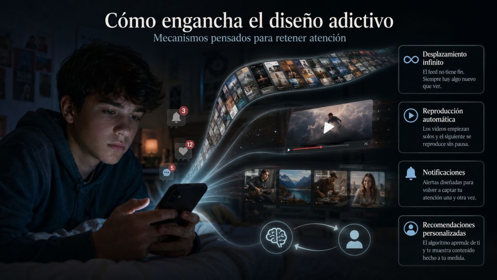 Cómo engancha el diseño adictivo: Adolescente usando el móvil junto a una representación visual del desplazamiento infinito, la reproducción automática, las notificaciones y las recomendaciones personalizadas.