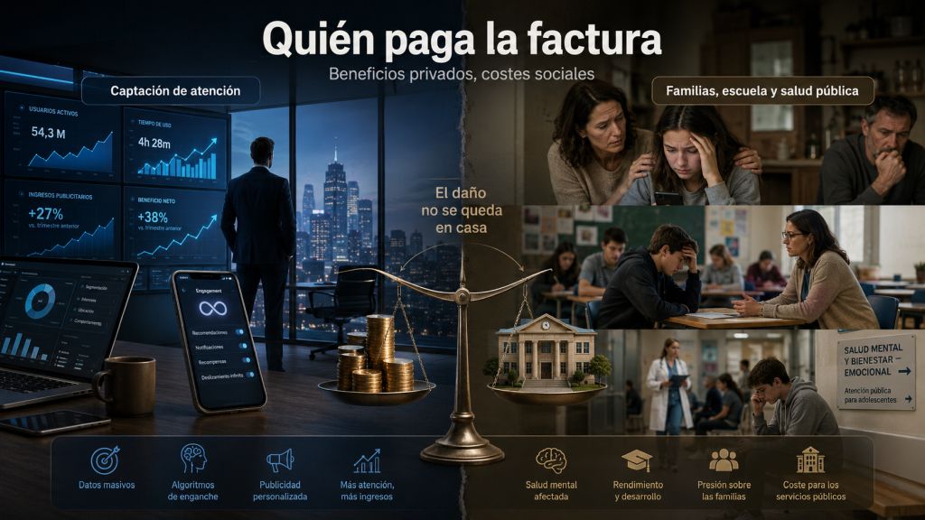 Quién paga la factura: Contraste entre los beneficios económicos de las plataformas digitales y los costes que pueden recaer sobre familias, centros educativos y servicios de salud pública.
