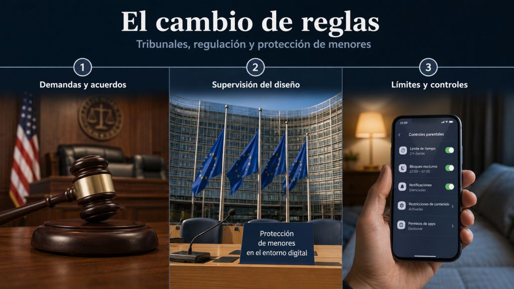 El cambio de reglas: Representación del paso desde las demandas judiciales y la supervisión europea hasta los límites de tiempo, controles parentales y restricciones para proteger a los menores.