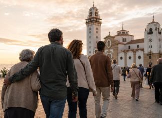 Memoria de Candelaria: el 2 de febrero ya tenía historia Familia de varias generaciones caminando hacia la Basílica de Candelaria al atardecer, evocando la memoria familiar y el significado del 2 de febrero.