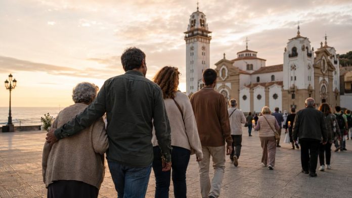 Familia de varias generaciones caminando hacia la Basílica de Candelaria al atardecer, evocando la memoria familiar y el significado del 2 de febrero.