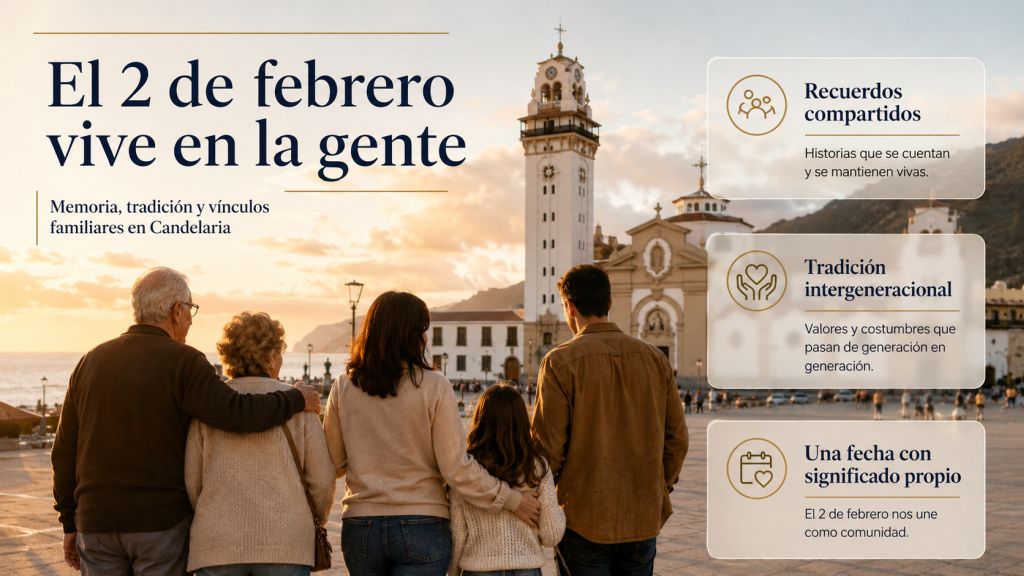 El 2 de febrero vive en la gente: Familia de varias generaciones ante la Basílica de Candelaria, representando los recuerdos compartidos, la tradición y los vínculos familiares del 2 de febrero.