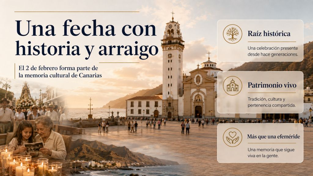 Una fecha con historia y arraigo: Composición de la Basílica de Candelaria, peregrinos, velas y recuerdos familiares para mostrar el arraigo histórico y cultural del 2 de febrero en Canarias.