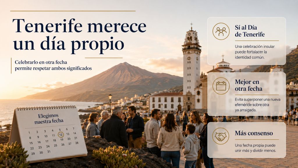 Tenerife merece un día propio: Paisaje de Tenerife con calendario, vecinos y la Basílica de Candelaria, defendiendo un Día de Tenerife propio en una fecha distinta al 2 de febrero.