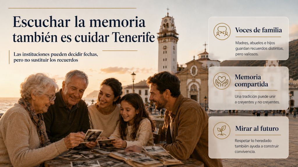 Escuchar también es cuidar Tenerife: Abuelos, padres e hija compartiendo fotografías antiguas juntos.