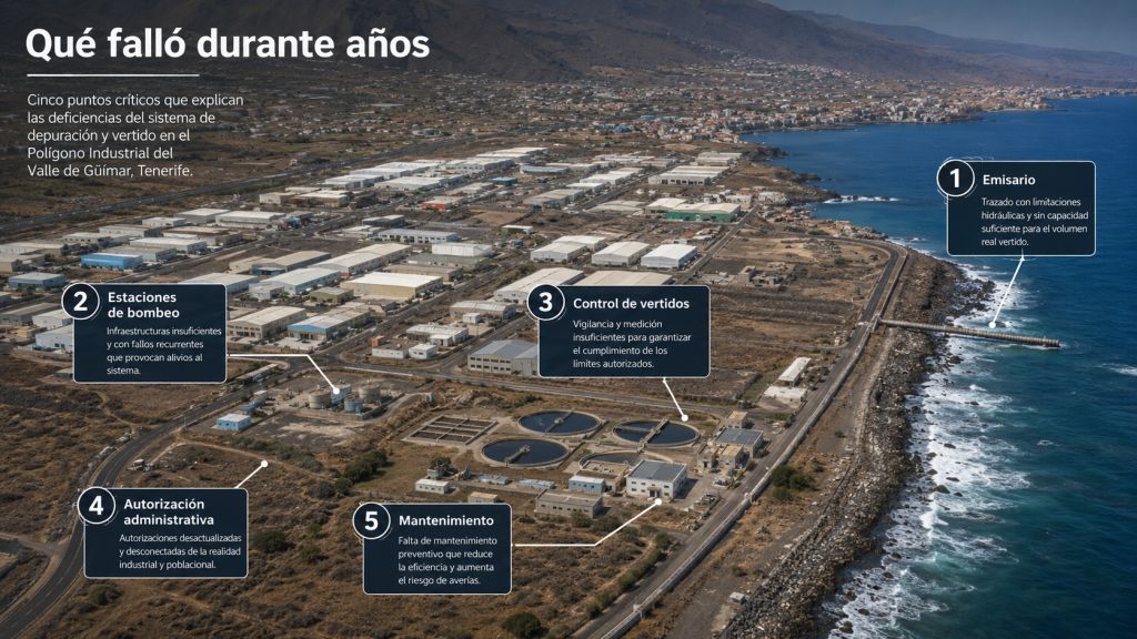 Qué falló durante años: Representación aérea del polígono y su costa con los principales problemas acumulados en saneamiento, control de vertidos, mantenimiento, bombeo y autorización administrativa.
