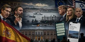 Cerco contra Sánchez: Ceuta y la derecha antipatriótica Composición política sobre la crisis de Ceuta, con la frontera marítima, el Palacio de la Moncloa, dirigentes de la derecha española y líderes internacionales junto a mensajes falsos difundidos en redes sociales.