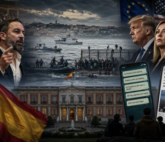 Cerco contra Sánchez: Ceuta y la derecha antipatriótica Composición política sobre la crisis de Ceuta, con la frontera marítima, el Palacio de la Moncloa, dirigentes de la derecha española y líderes internacionales junto a mensajes falsos difundidos en redes sociales.