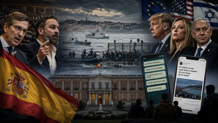 Sanchez 1 Composición política sobre la crisis de Ceuta, con la frontera marítima, el Palacio de la Moncloa, dirigentes de la derecha española y líderes internacionales junto a mensajes falsos difundidos en redes sociales.