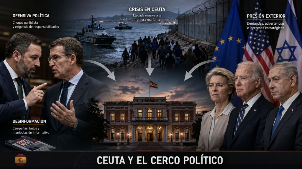 Crisis migratoria en la frontera de Ceuta conectada con la ofensiva de la derecha española, la desinformación y las presiones políticas procedentes de Europa, Estados Unidos e Israel.