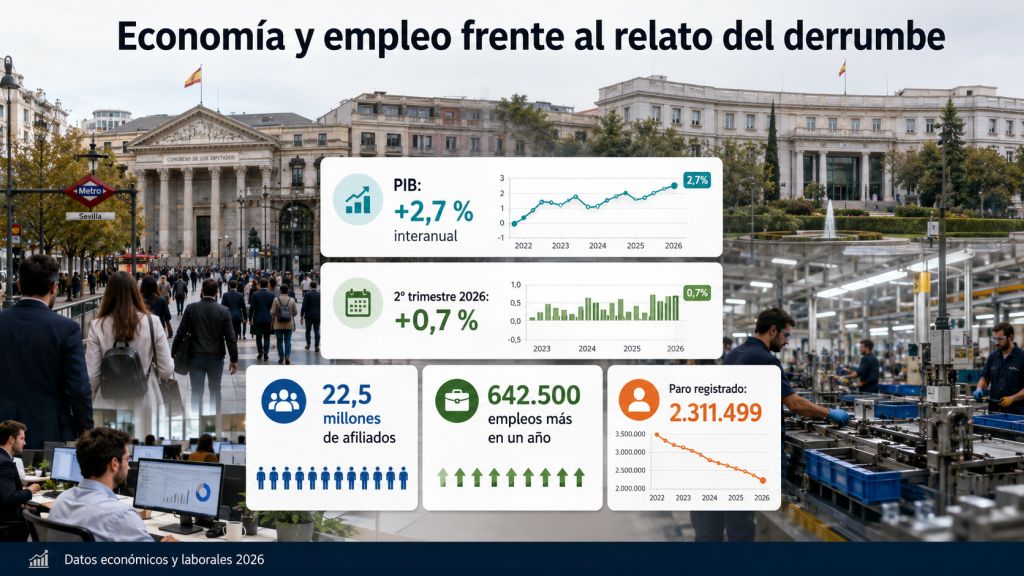 Infografía con trabajadores, empresas e instituciones españolas que resume el crecimiento del PIB, la afiliación a la Seguridad Social, la creación de empleo y el descenso del paro en 2026.