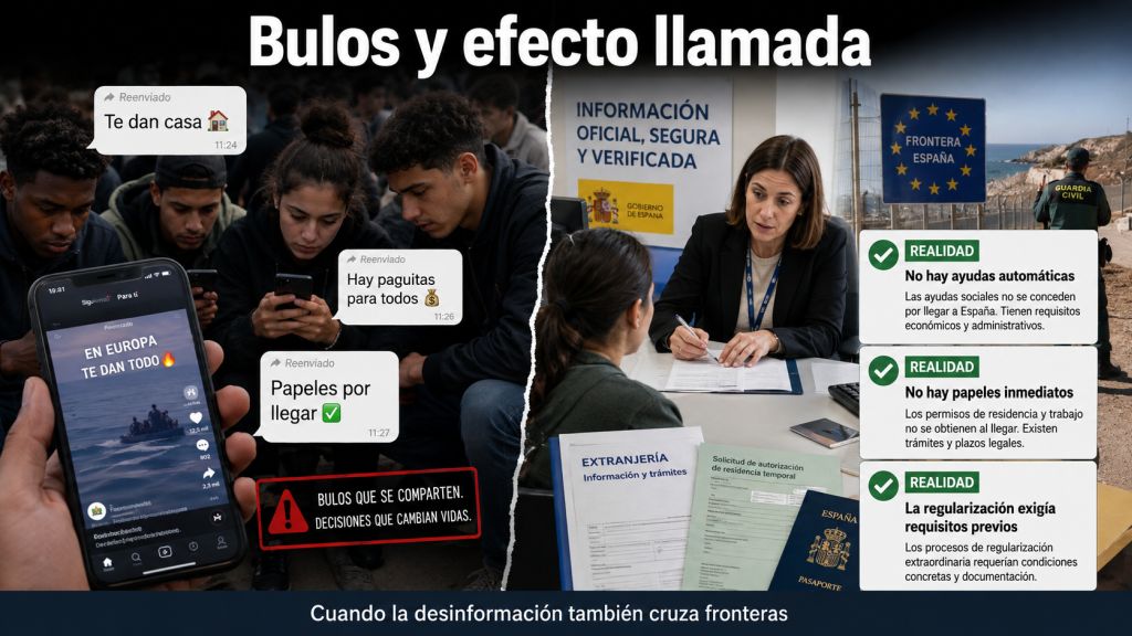 Jóvenes consultan en sus teléfonos mensajes falsos sobre casas, ayudas y papeles en España, frente a información oficial que explica los requisitos reales para acceder a prestaciones y permisos.