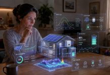 Autoconsumo con criterio: por qué empiezo esta serie Mujer analizando en casa gráficos eléctricos tridimensionales sobre autoconsumo, paneles fotovoltaicos, baterías y consumo energético.