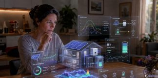 Autoconsumo con criterio: por qué empiezo esta serie Mujer analizando en casa gráficos eléctricos tridimensionales sobre autoconsumo, paneles fotovoltaicos, baterías y consumo energético.