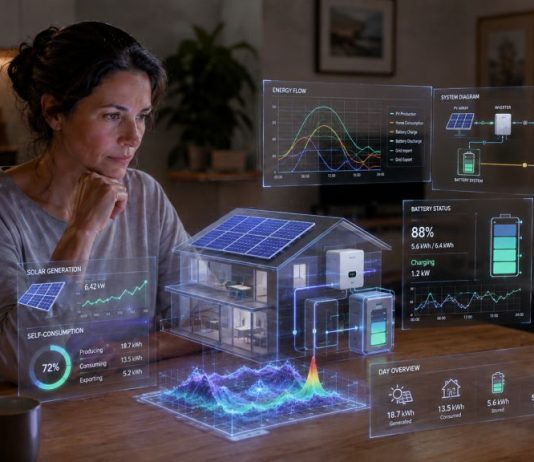 Autoconsumo con criterio: por qué empiezo esta serie Mujer analizando en casa gráficos eléctricos tridimensionales sobre autoconsumo, paneles fotovoltaicos, baterías y consumo energético.