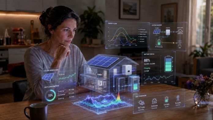 Mujer analizando en casa gráficos eléctricos tridimensionales sobre autoconsumo, paneles fotovoltaicos, baterías y consumo energético.