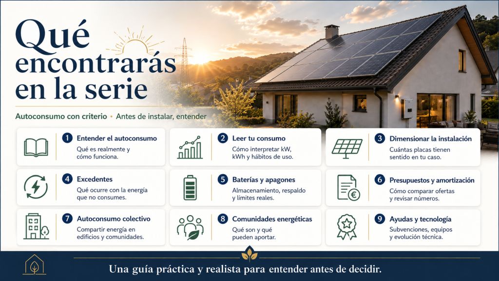 Qué encontrarás en la serie: Infografía que resume los temas de Autoconsumo con criterio: consumo, dimensionamiento, excedentes, baterías, presupuestos, autoconsumo colectivo, comunidades energéticas y tecnología.
