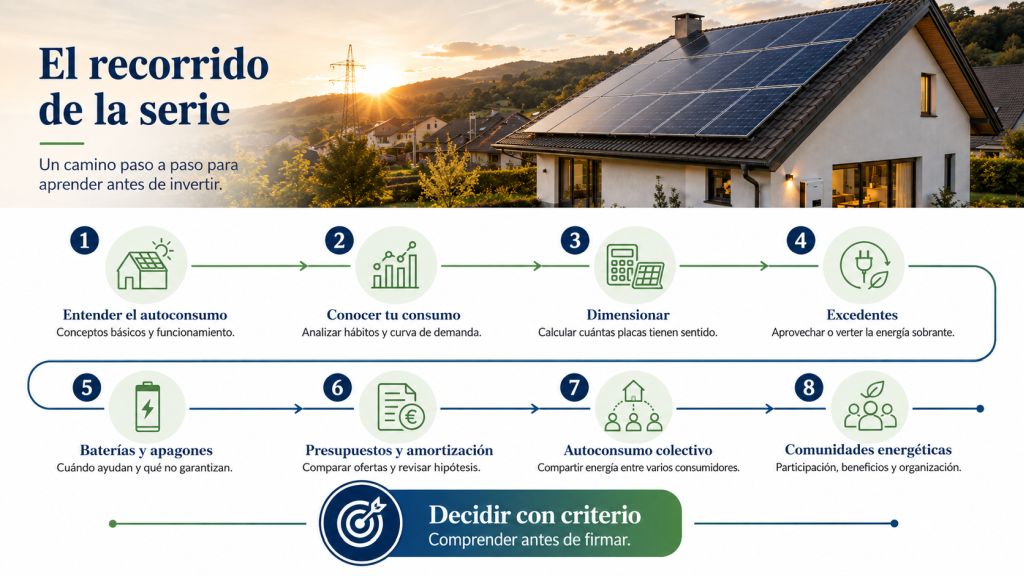 El recorrido de la serie: Infografía con el recorrido de Autoconsumo con criterio desde entender el autoconsumo y el consumo eléctrico hasta baterías, presupuestos, autoconsumo colectivo y comunidades energéticas.