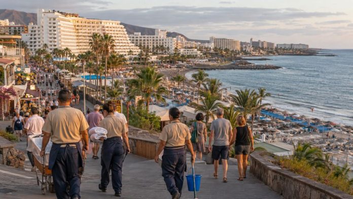 Zona turística costera de Canarias con hoteles, playas, visitantes y trabajadores del sector, reflejo del contraste entre actividad turística y vida cotidiana.