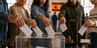 Sufragio universal: ¿quién merece tener derecho a votar? Personas de distintas edades depositan su voto en una urna mientras una balanza con monedas representa el debate entre sufragio universal y capacidad económica.