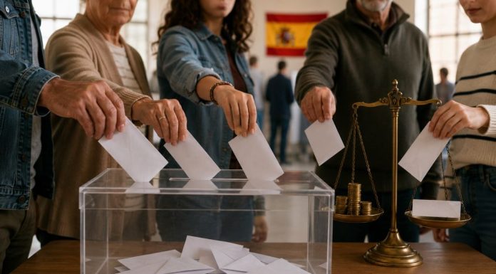 Sufragio universal: ¿quién merece tener derecho a votar? Personas de distintas edades depositan su voto en una urna mientras una balanza con monedas representa el debate entre sufragio universal y capacidad económica.